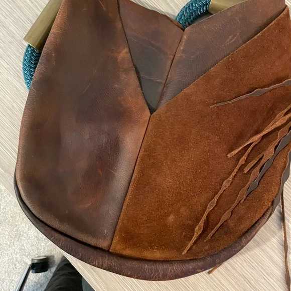 Elegant Brown and Tan Hobo Bag with Blue Handle - Picture 6 of 8